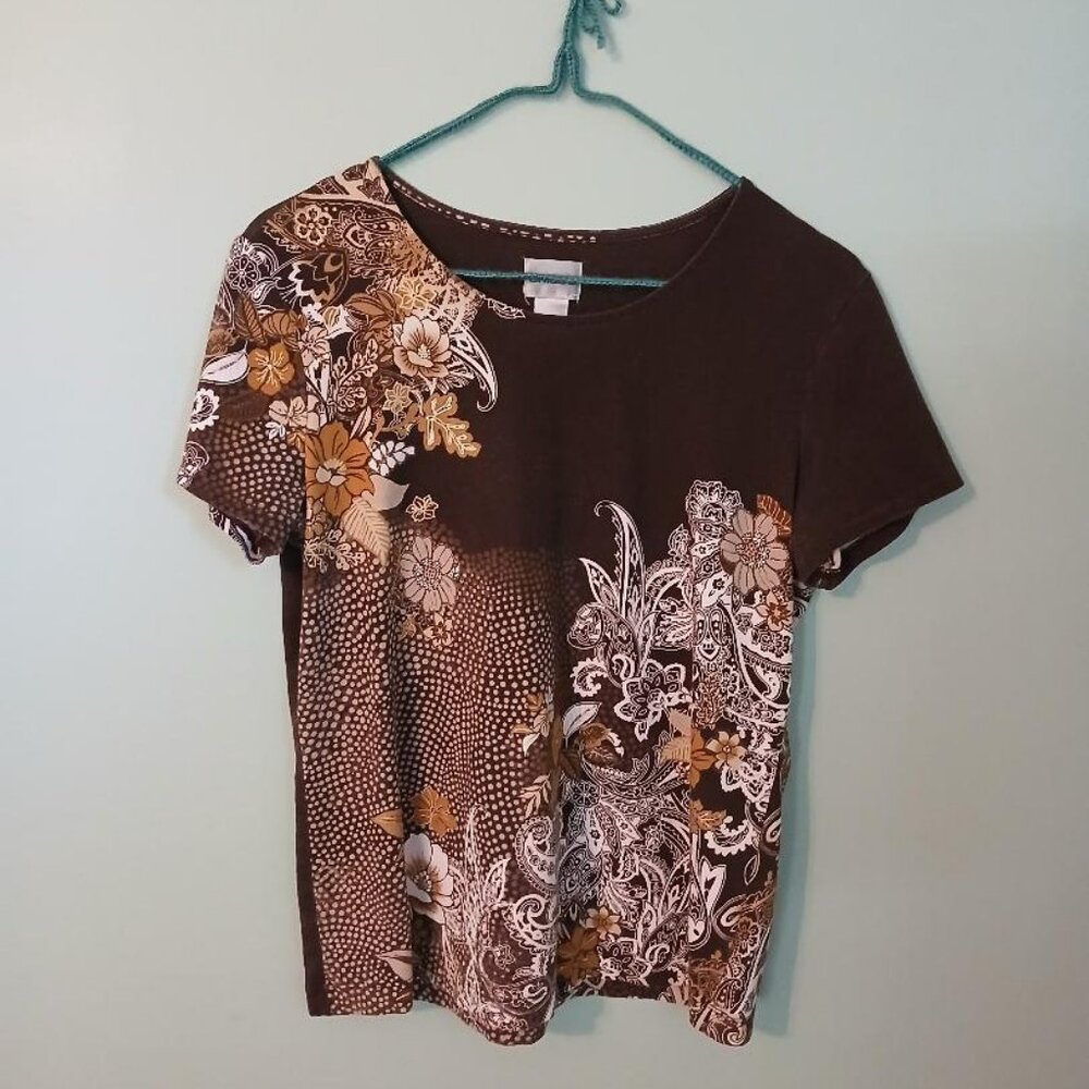 Top, Short-Sleeved, Brown Print